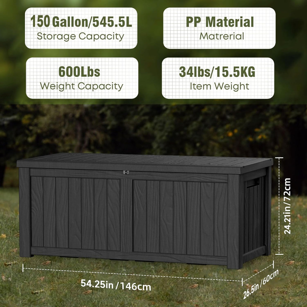 Outdoor Storage Box 150 Gal Waterproof Deck Box Lockable Black