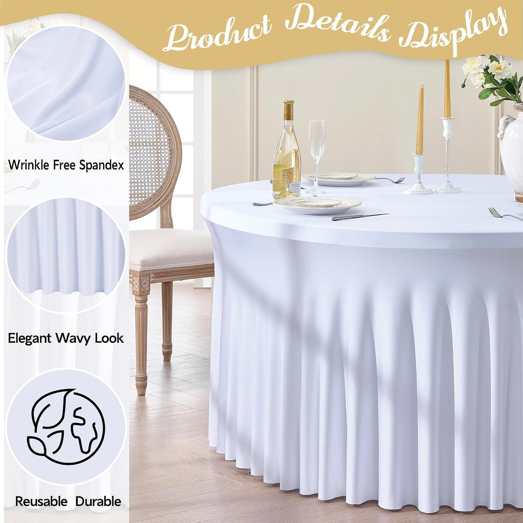 Outpain 6 Pack White Round Spandex Tablecloths for 60in Tables, 120Inch Stretchy Fitted 5FT Round Table Clothes,Wrinkle Free Table Cover with Skirt for Wedding Party Dining Banquet