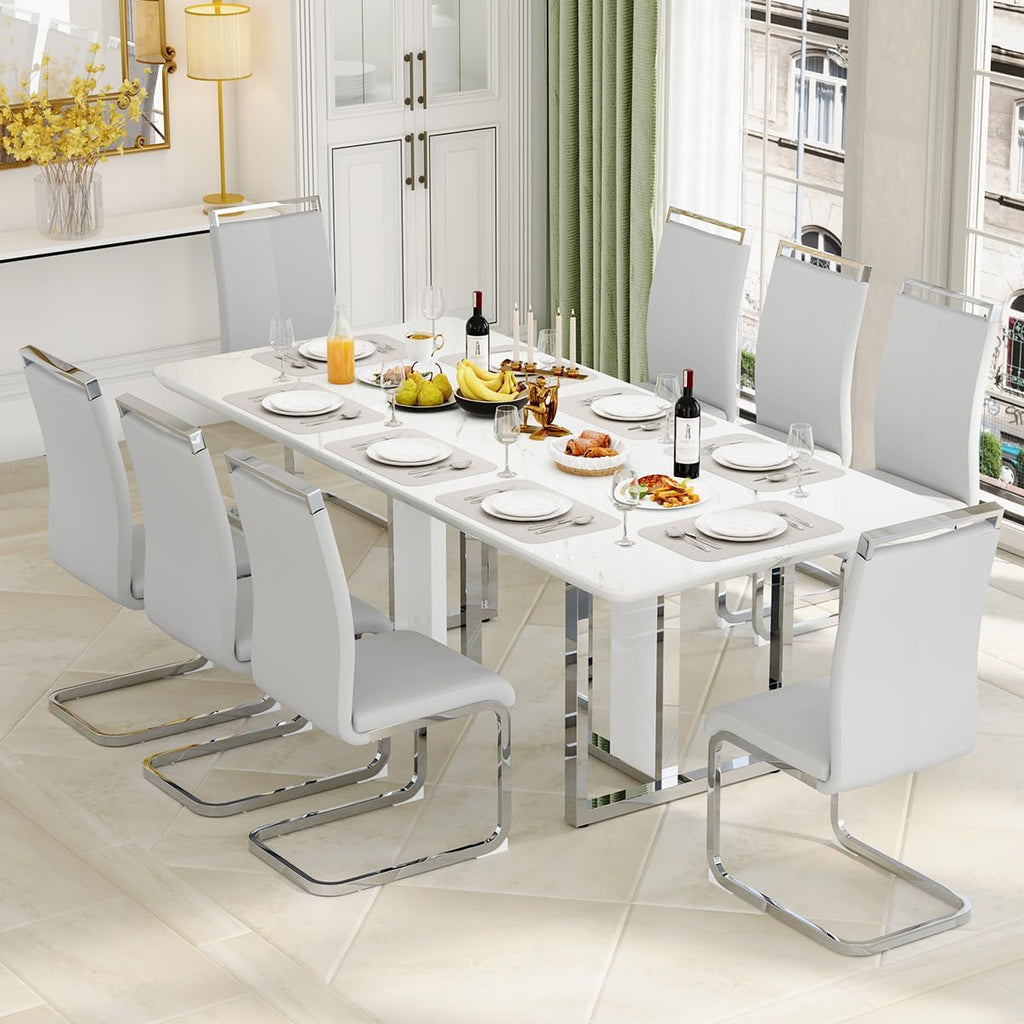 79" White Marble Dining Table Set for 8