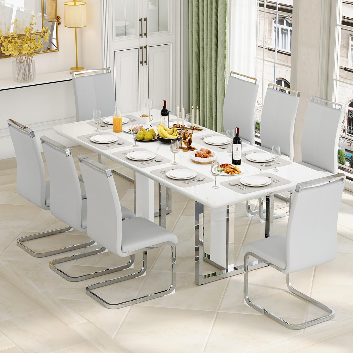 79" White Marble Dining Table Set for 8