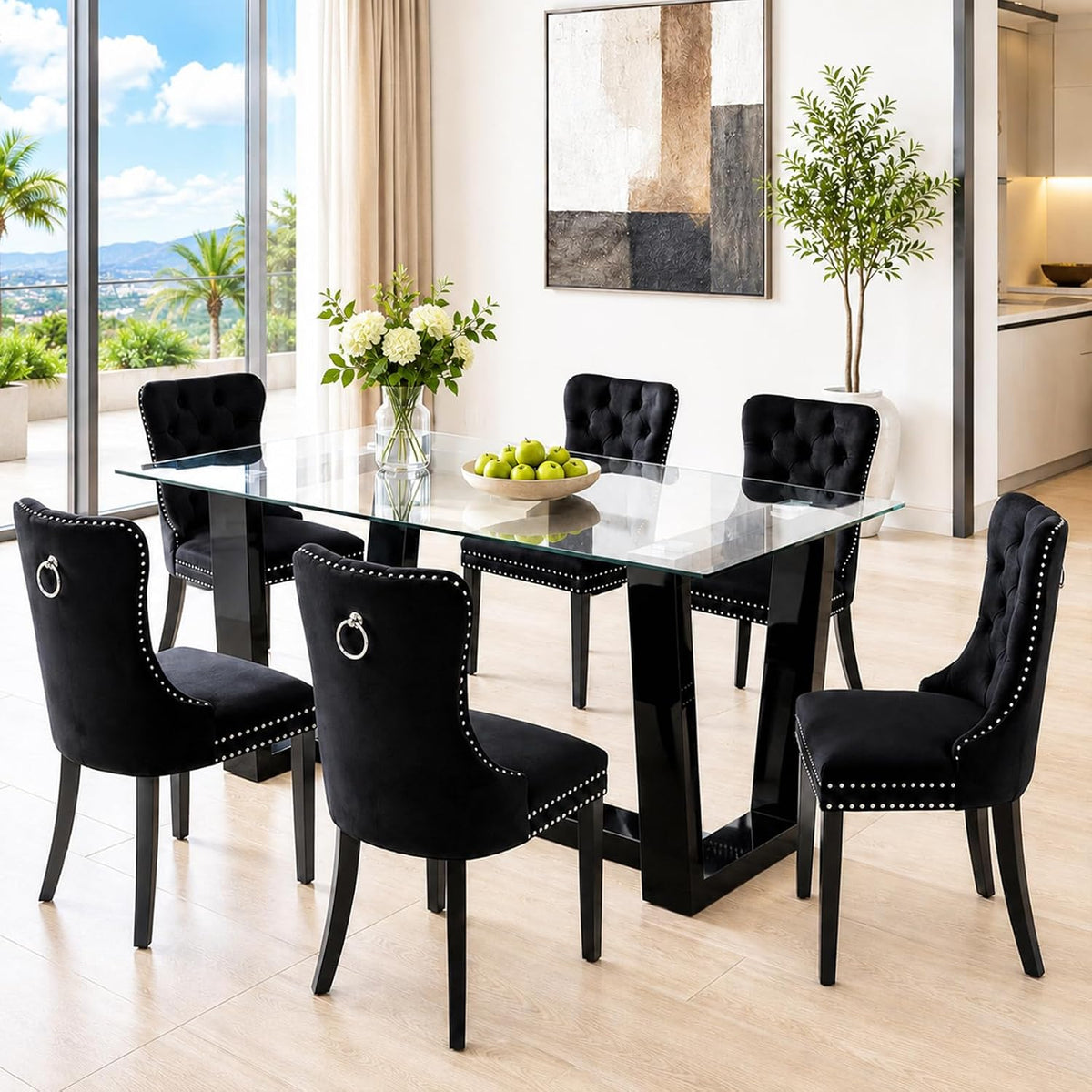 Ebullient Glass Dining Table, Modern Dining Table, 63" Tempered Glass Tabletop with Black MDF Trapezoid Legs, Rectangle Kitchen Table for 4-6 Person, Ideal for Kitchen, Dining Room, Home, Apartment