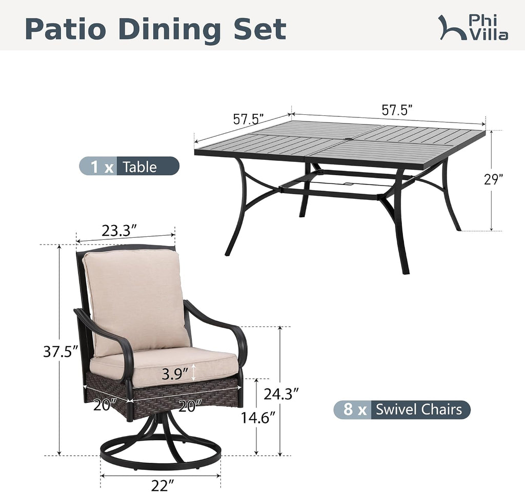 PHI VILLA 9pc Outdoor Dining Set, 57" Square Table, Swivel Wicker Chairs