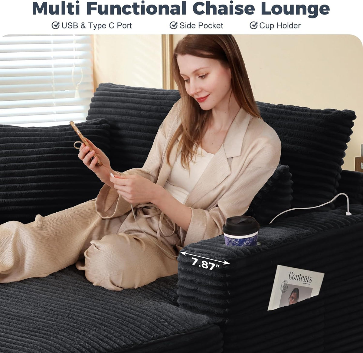 HUSFU 60" Chaise Lounge Chair Indoor, Wood Frame, Black