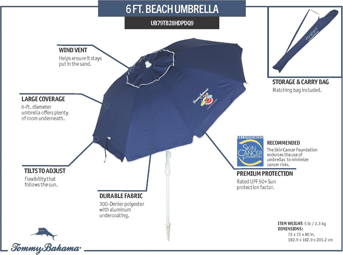 Tommy Bahama Tilt Beach Umbrella, 6 ft Canopy