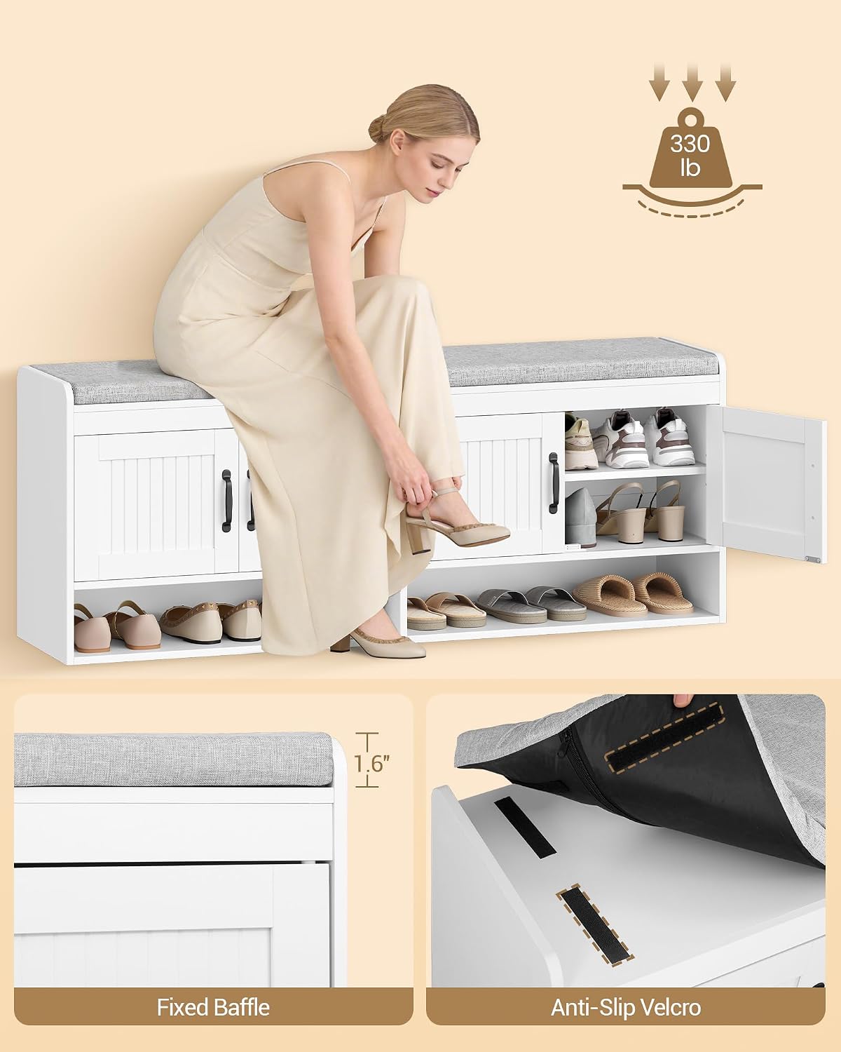 Hzuaneri 55.1" Shoe Storage Bench, Shoe Bench with 4 Doors & Padded Cushion