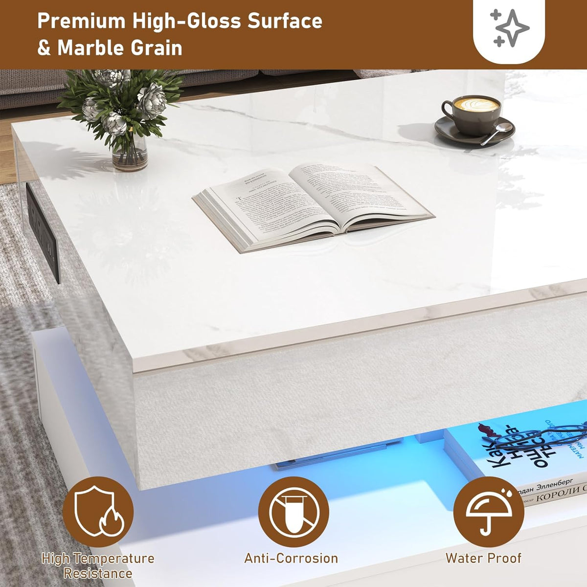 chartustriable 47.2" Large Lift Top Coffee Table, Modern LED High Glossy Coffee Table with Storage for Living Room, Lift Up Living Room Center Tables with Charging Station, LED Lights, White