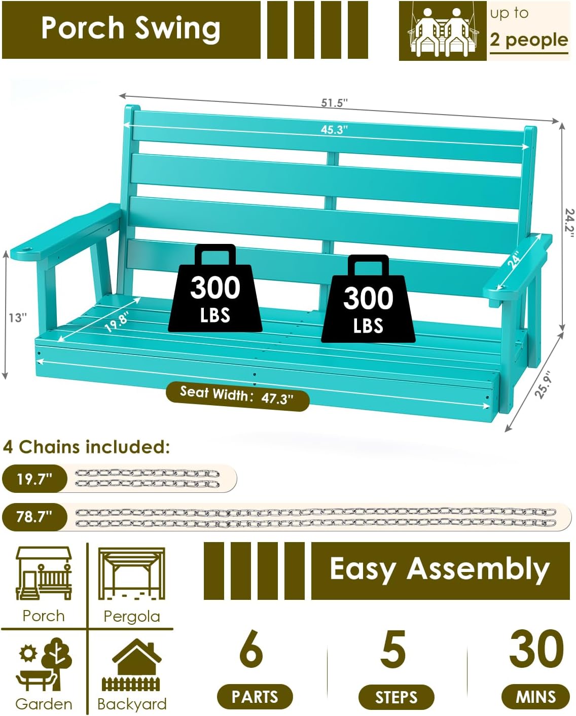 GREENVINES Outdoor Porch Swing, 2-Person HDPE Patio Bench Swings, Aqua