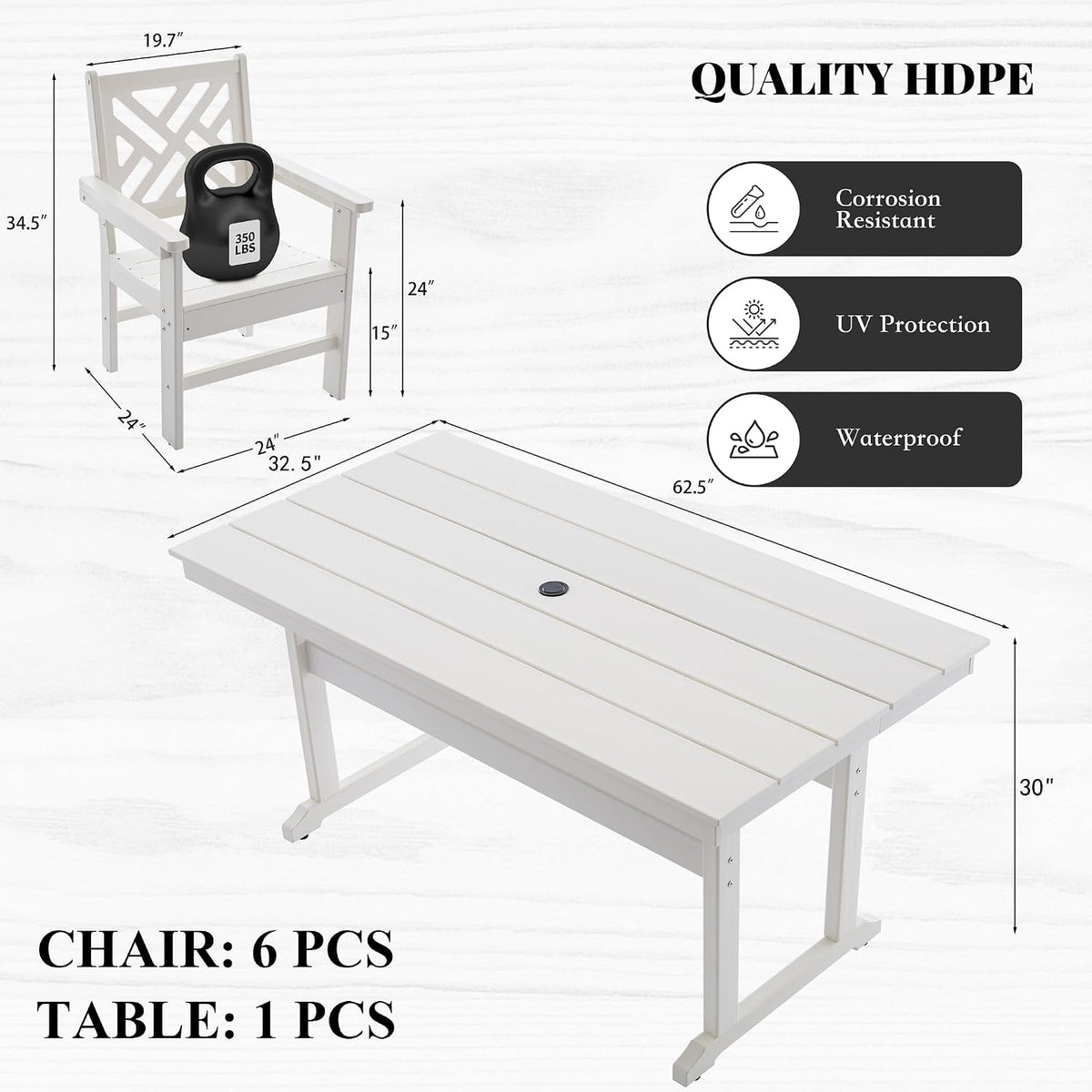 HDPE Dining Table Set for 6,7-Piece Outdoor Table and Chairs Include 6 Dining Chairs and 62.5" Patio Dining Table with Umbrella Hole (White)