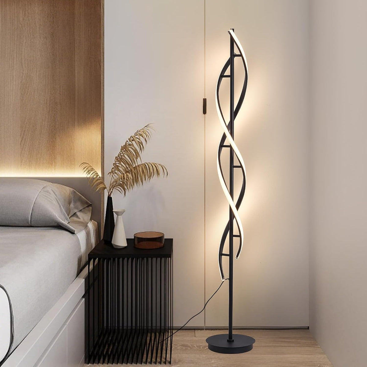 60" Black ModernSpiral Floor Lamp, 40W Dimmable LED Standing Light with Remote & 3 Color Temperatures for Living Room Bedroom Office
