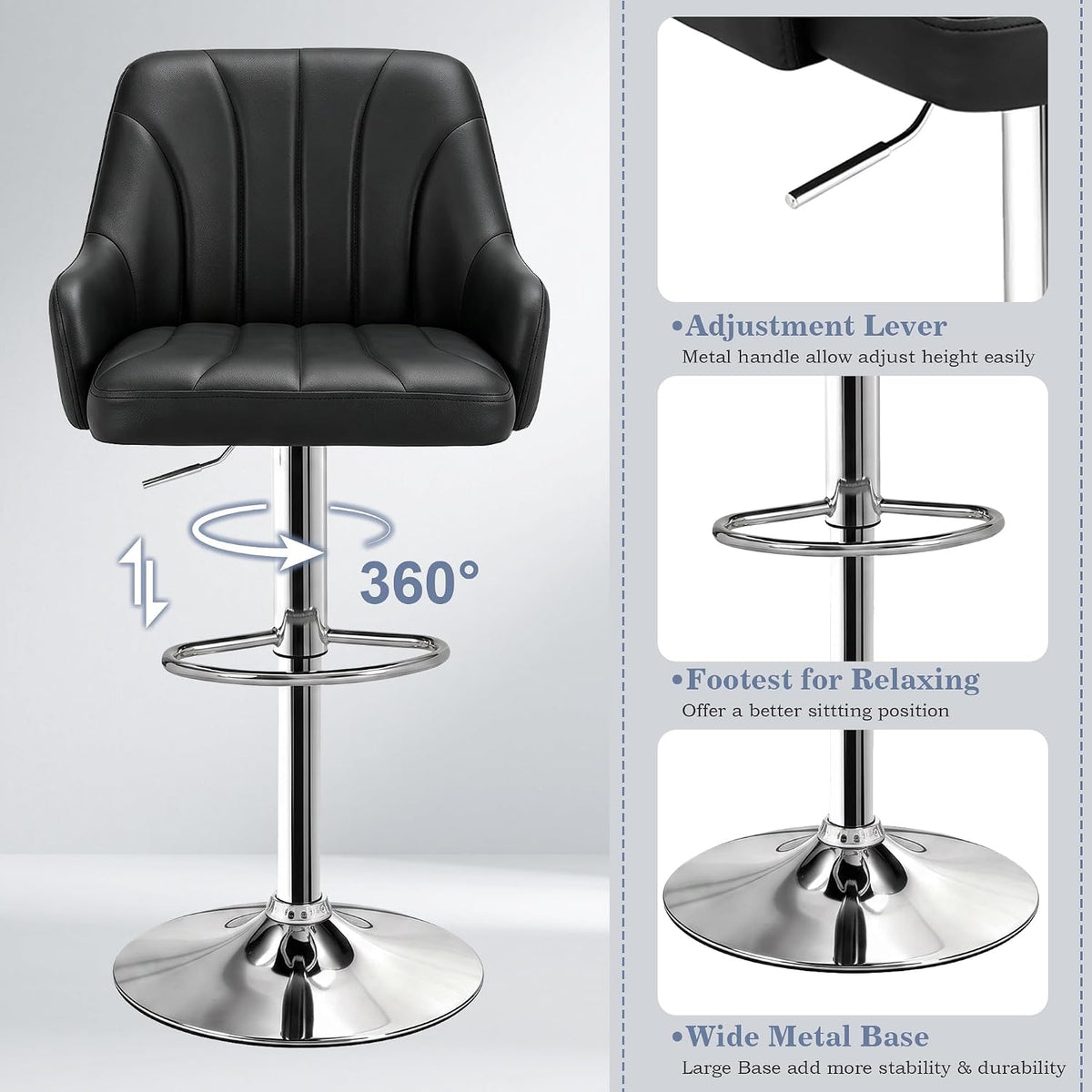 VECELO Bar Stools Set of 2, Adjustable Barstools, Counter Height Stools with Back and Arm, Kitchen Island Stools, Swivel PU Chairs for Pub, Dining Room, Modern Style, Black