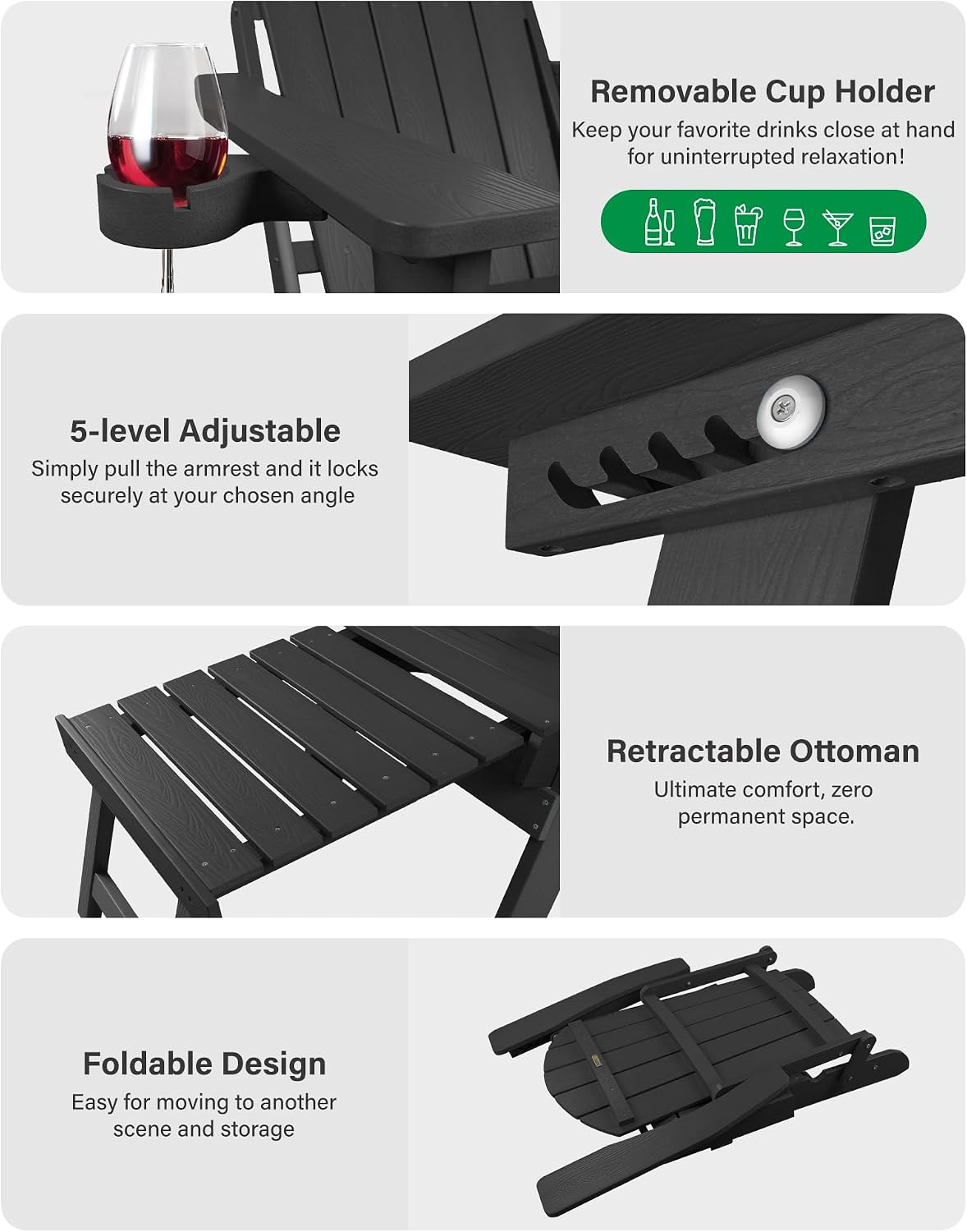 YEFU Adjustable Adirondack Chair with Footrest,All-Weather, Set of 2,Black