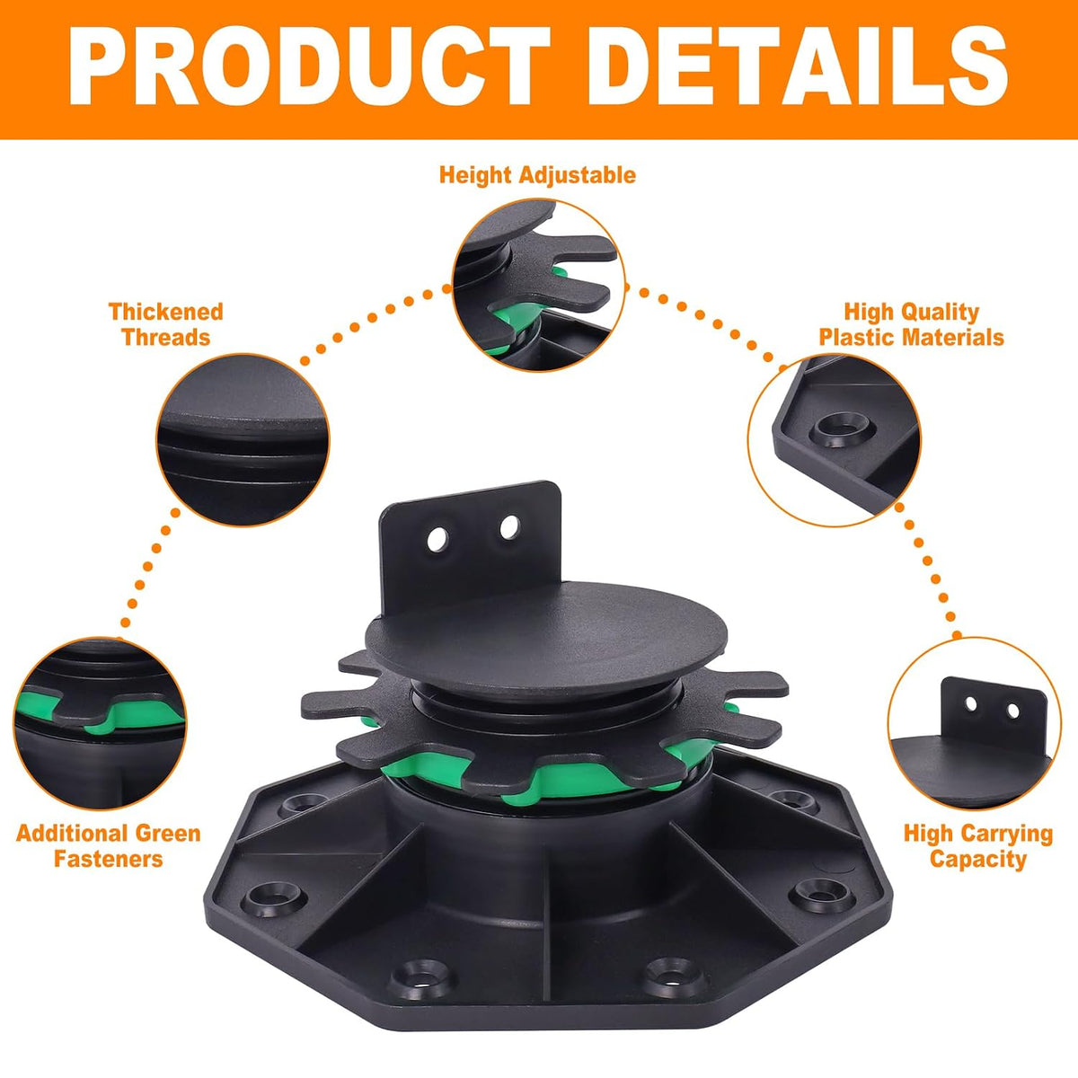 adjustable deck support pedestals, 1-9/16" to 2-3/8" height showing dimensions