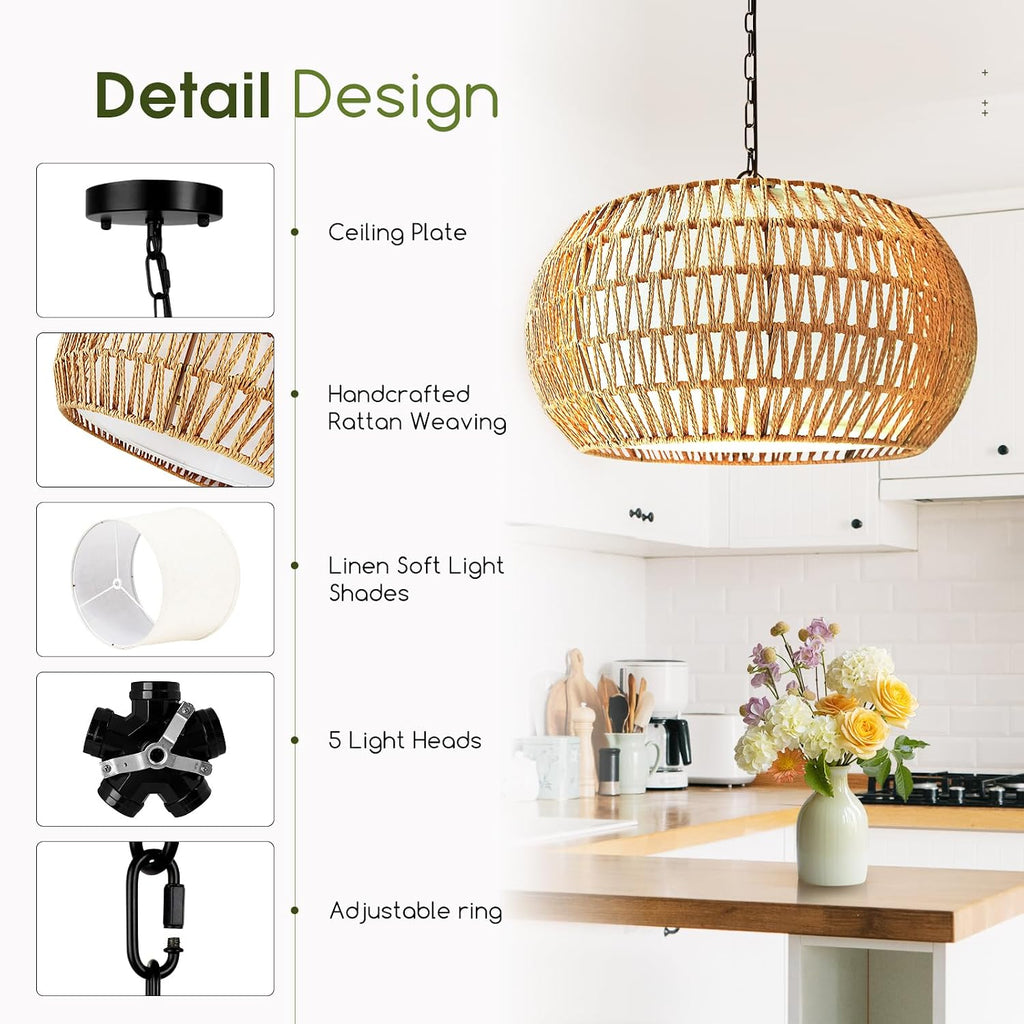 19" Boho Rattan Chandelier for Dining Room 5-Lights Farmhouse Chandelier