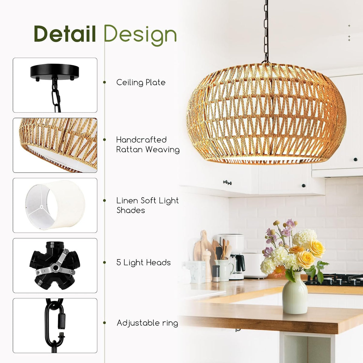 19" Boho Rattan Chandelier for Dining Room 5-Lights Farmhouse Chandelier