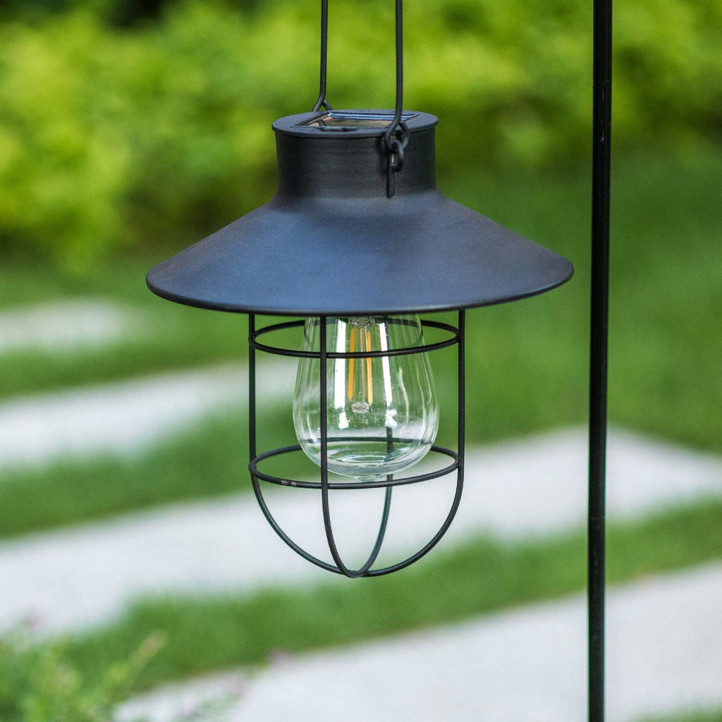 2 Pack EKQ Hanging Solar Lights Lantern Lamp with Shepherd Hook, Metal Waterproof Edison Bulb Lights for Garden Outdoor Pathway (Black)