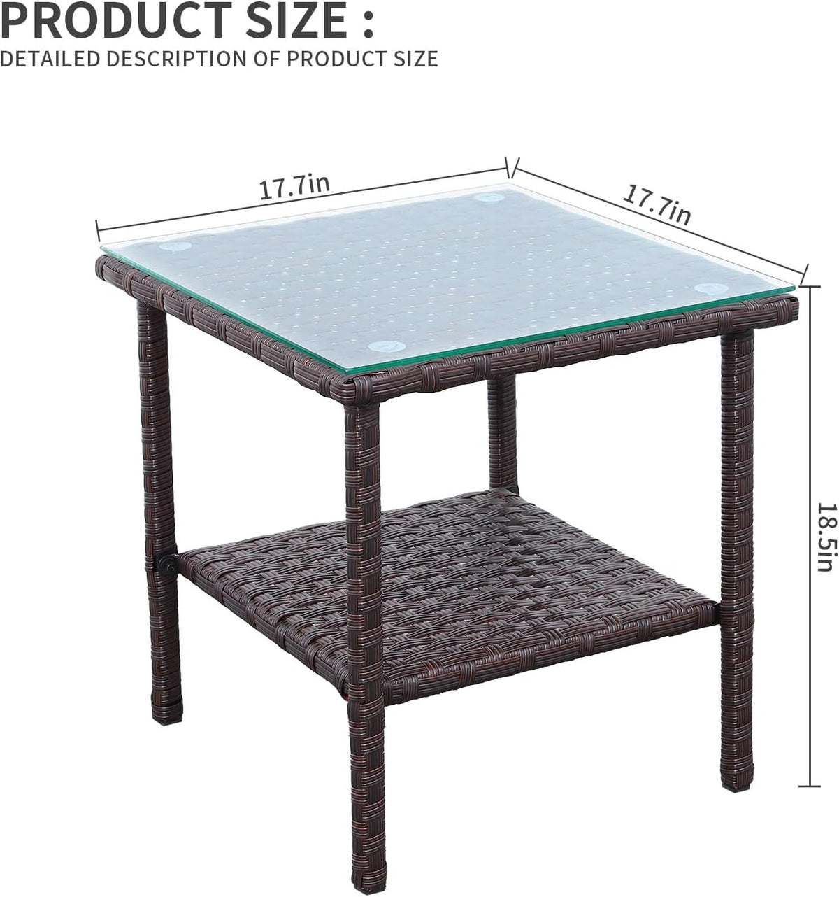 Outdoor Wicker Glass Top Side Table - Patio Balcony Deck Pool Square End Table with Storage, Dark Brown