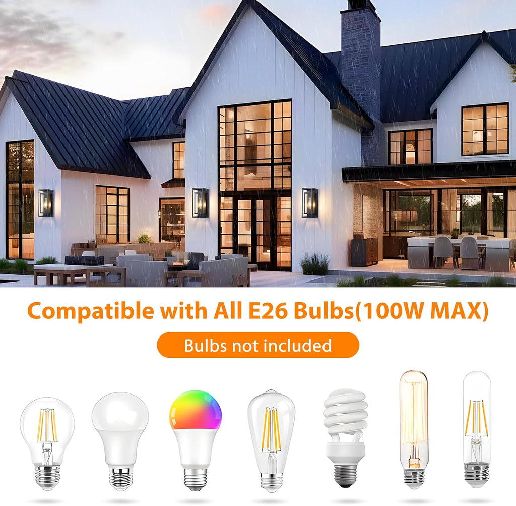 14" Black Outdoor Light Fixture, E26 Outdoor Wall Lantern 2-Pack