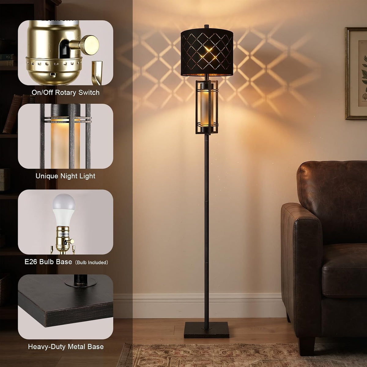 74'' Floor Lamp with Nightlight, Modern Black Tall Standing Lamp,Metal Base