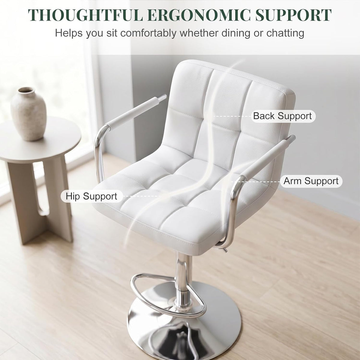 Bar Stools Set of 2, 24-26'' Adjustable Swivel Bar Chairs, White