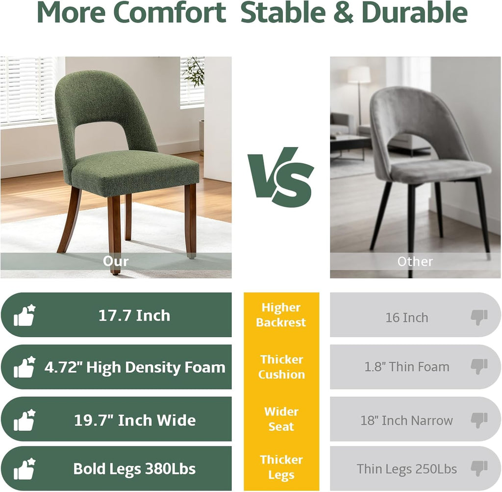 Wooden Dining Chairs Set of 4, Upholstered Kitchen Chairs with Walnut Wood Legs and Curved Linen Fabric Backrest, Modern Farmhouse Dining Room Chairs for Kitchen Dining Vanity, Green