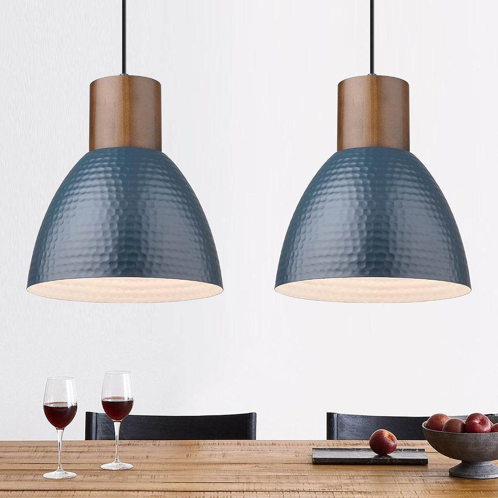 ELYONA 2 Pack Modern Hammered Pendant Lights 10.2” Blue Solid Wood Hanging Lamp, Adjustable Height, Industrial Metal Pendant Lighting for for Farmhouse, Kitchen Island, Dining Room,Bedroom,Bar,Office