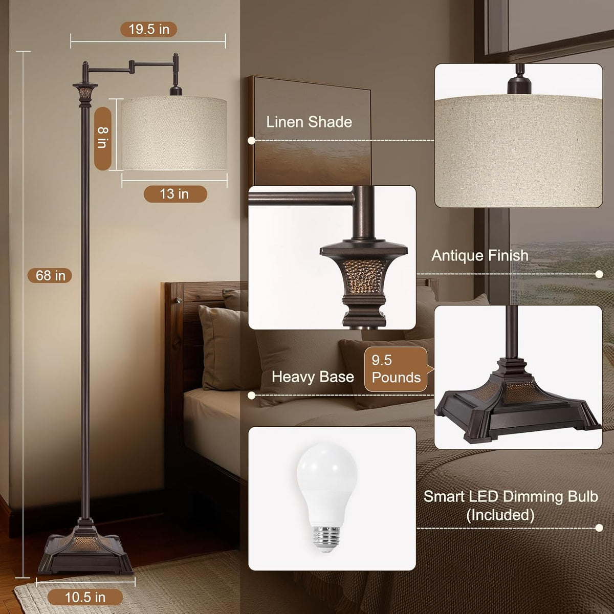 Scenekoy 68” Tall Swing Arm Floor Lamp with Remote for Living Room Bedroom