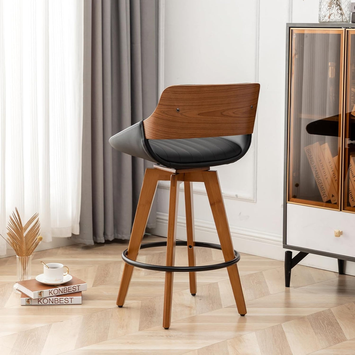 LUNLING Swivel Bar Stools,Mid Century Modern Black Faux Leather Upholstered Counter Height Barstools,Kitchen Island Wooden Bar Chairs,29.5-Inch Armless Counter Stools with Wood Back and Legs,1PCS
