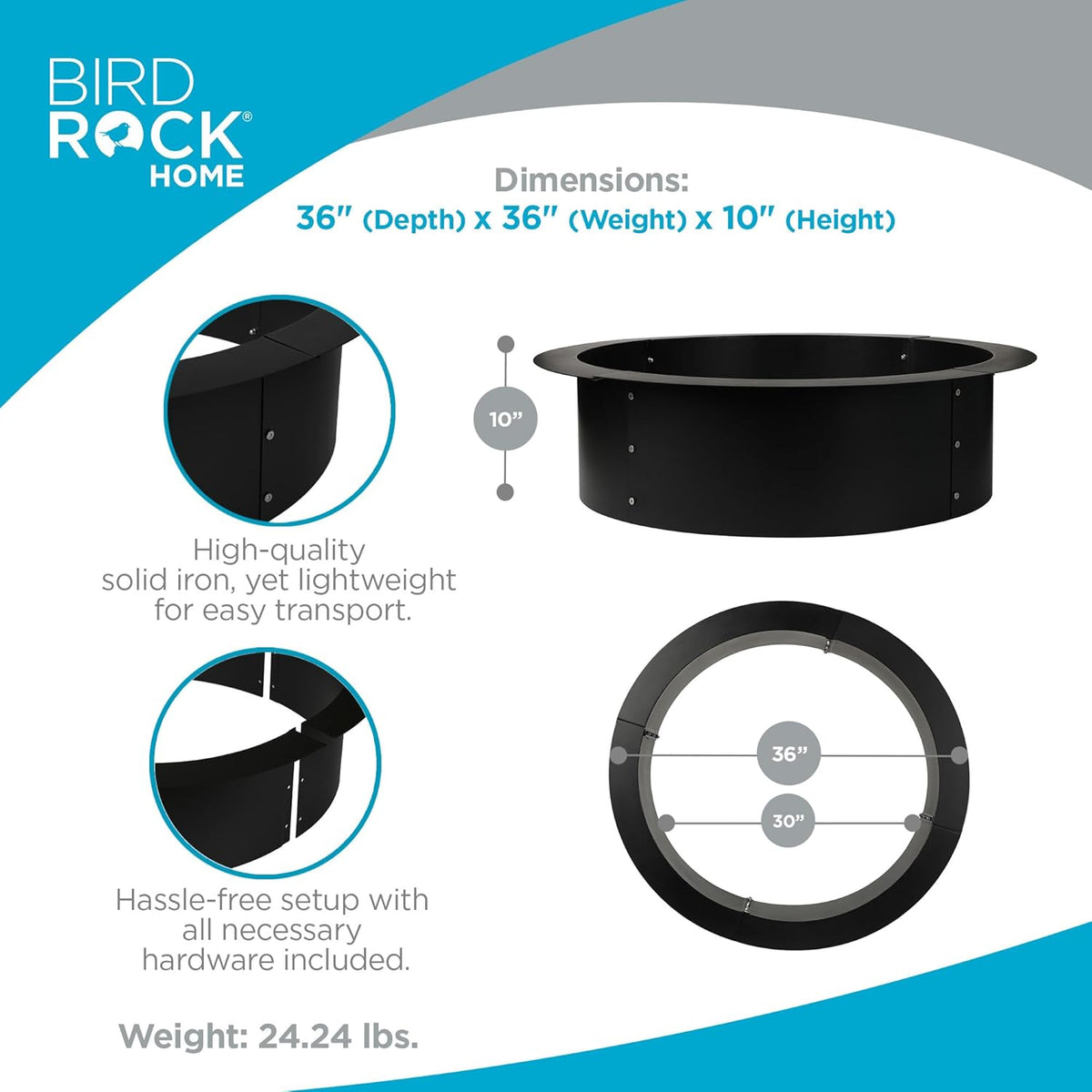 BIRDROCK HOME 30" Fire Ring for The Outdoors - Durable Solid Iron - Home Fire Pit - Lightweight