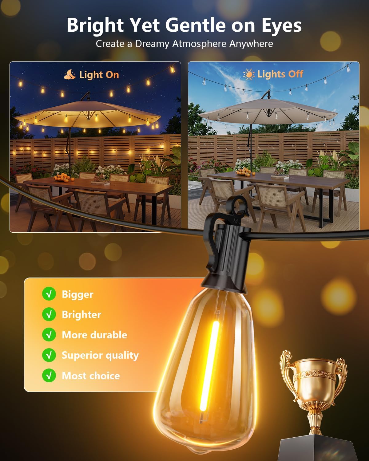 brightown 100ft solar string lights outdoor, 31+2 shatterproof shown in use