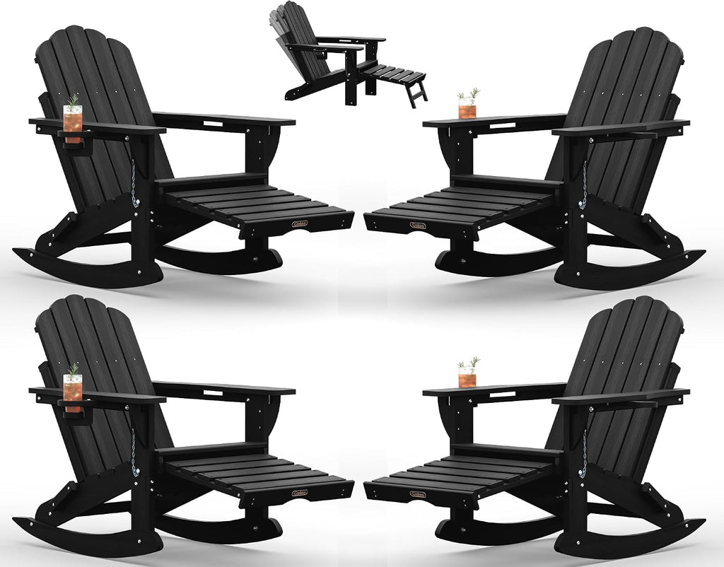Ciokea Rocking Adirondack Chairs Set of 4 with Retractable Ottoman (Black)