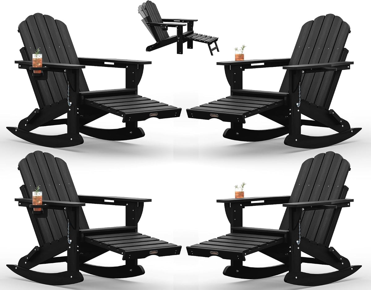Ciokea Rocking Adirondack Chairs Set of 4 with Retractable Ottoman (Black)