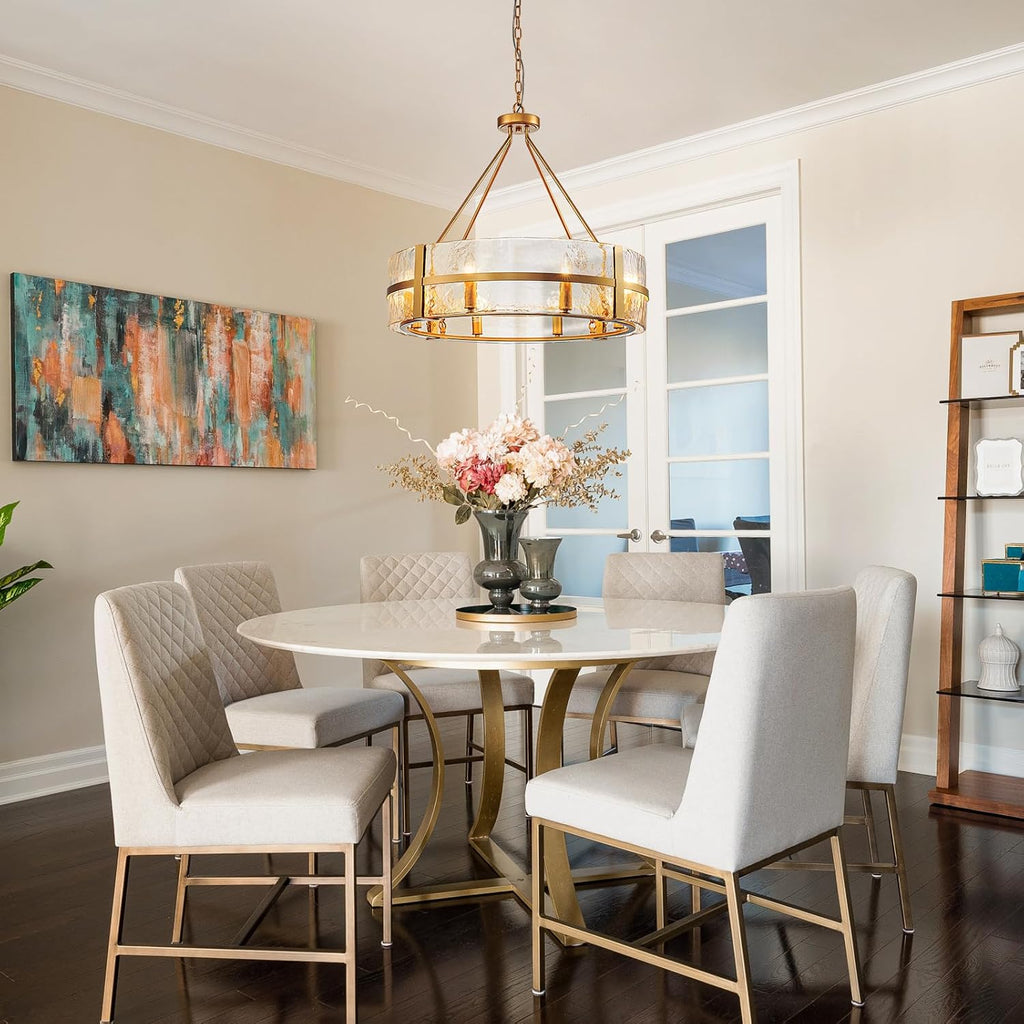 28" Gold Drum Chandelier, Modern Glass Chandeliers for Dining Room