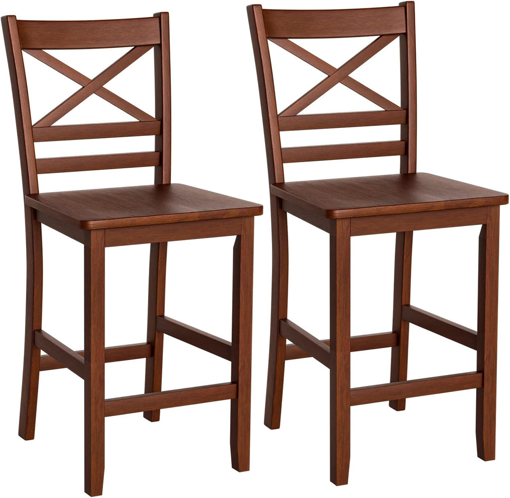 COSTWAY 25'' Wooden Counter Height Barstools Set of 2 with Slatted Backrest