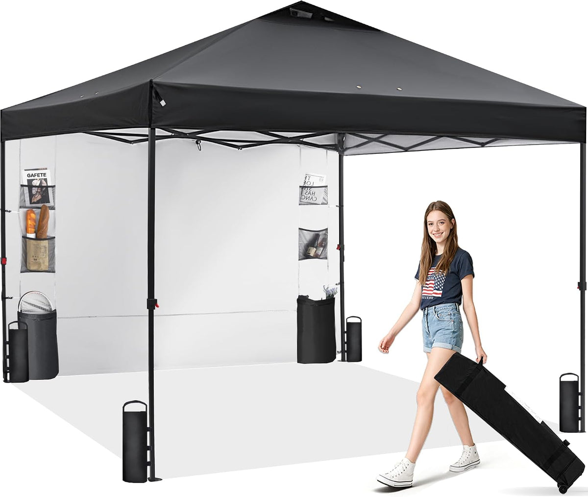 GAFETE Pop Up Canopy Tent Outdoor Sidewall One Push (Black, 10X10)