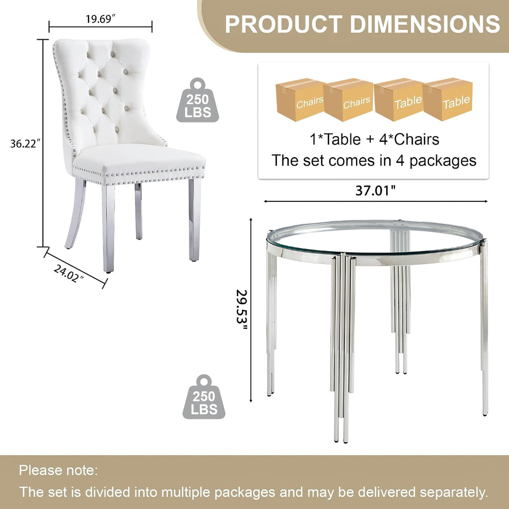 Luxury Round Glass Silver Dining Table Set for 4, 5-Piece Modern Kitchen Table Set with 4 White Velvet Chairs for Kitchen Dining Room Apartment
