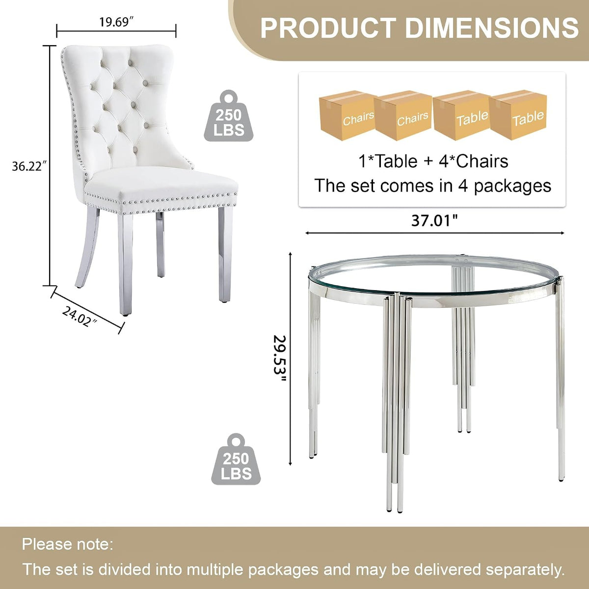 Luxury Round Glass Silver Dining Table Set for 4, 5-Piece Modern Kitchen Table Set with 4 White Velvet Chairs for Kitchen Dining Room Apartment