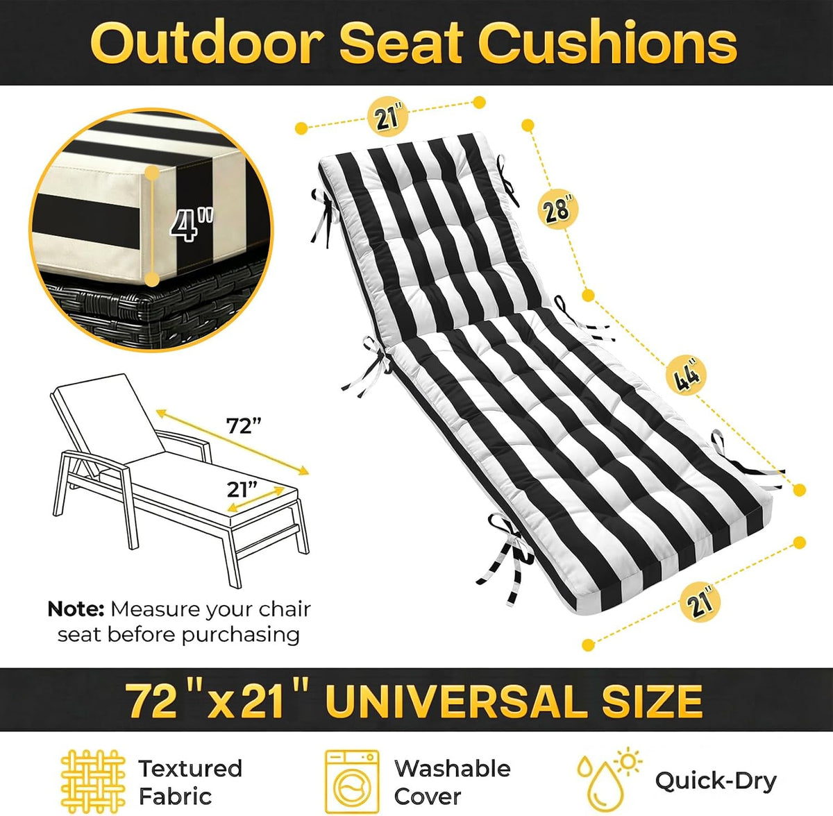 Folding Chaise Lounge Cushion Quick Dry(Black-White Stripe,72IN×21IN-2PACK)