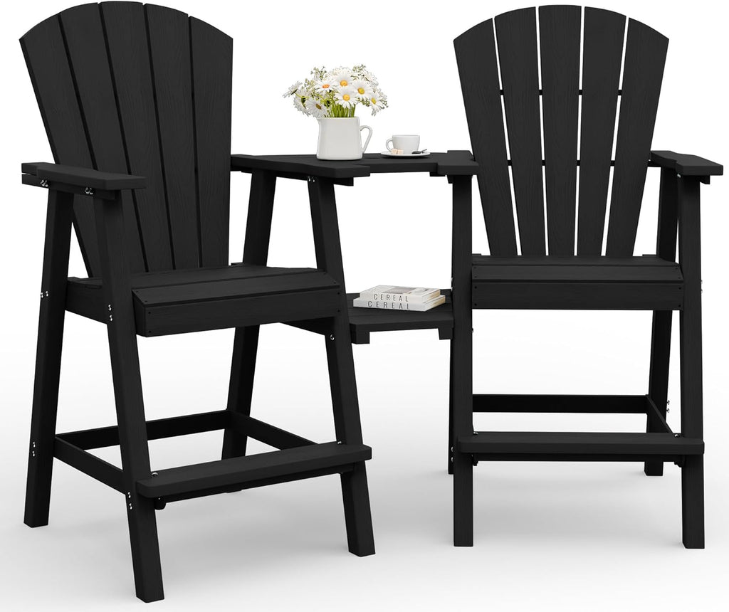 Tall Adirondack Chairs Set of 2 with Table Trays, Black