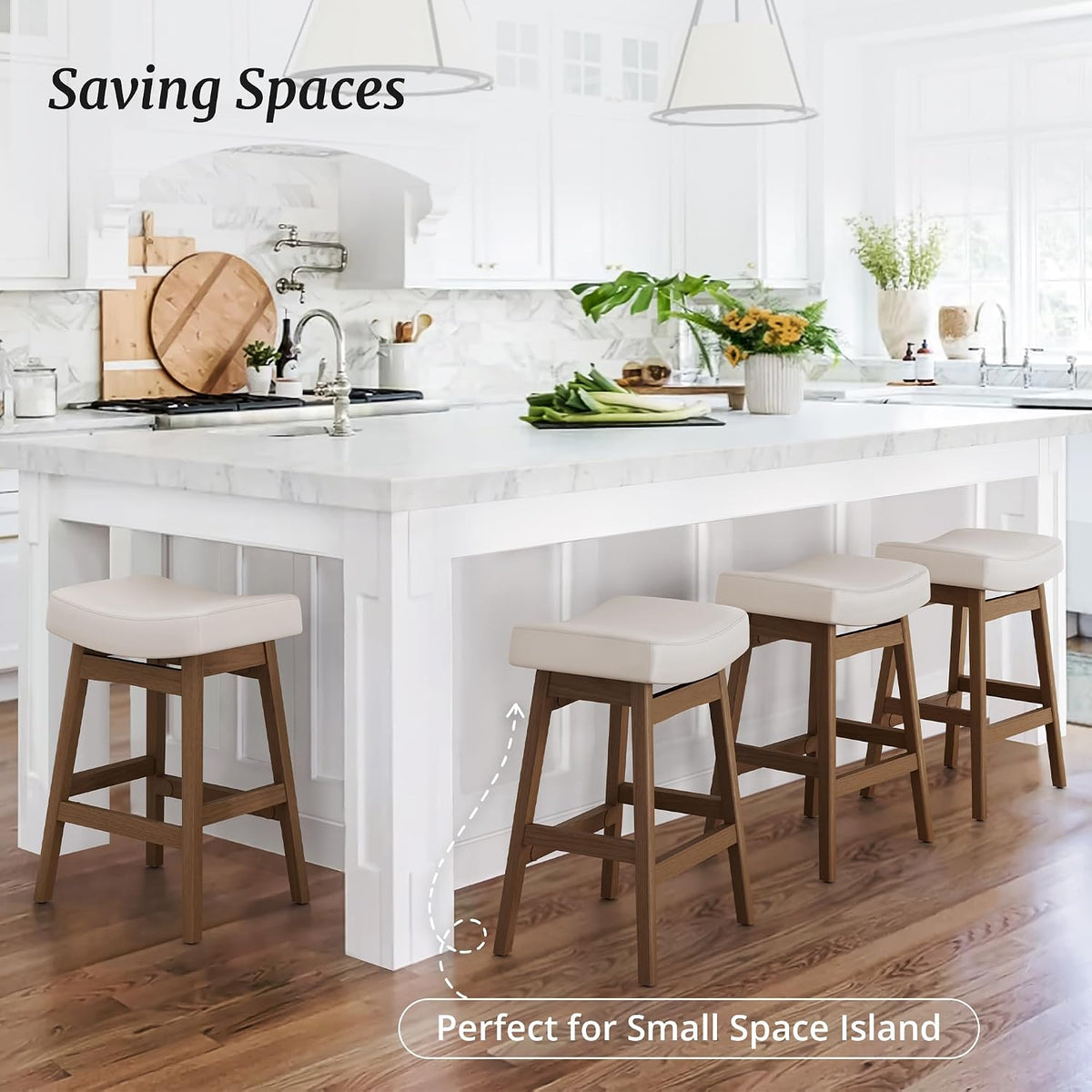 Cozyman Bar Stools Set of 3, Barstools with Sturdy Wood Legs, Saddle Seat Counter Height Bar Stools for Kitchen Counter, Bar, Dining, 24 Inch Farmhouse Counter Stools, Antique White Leather