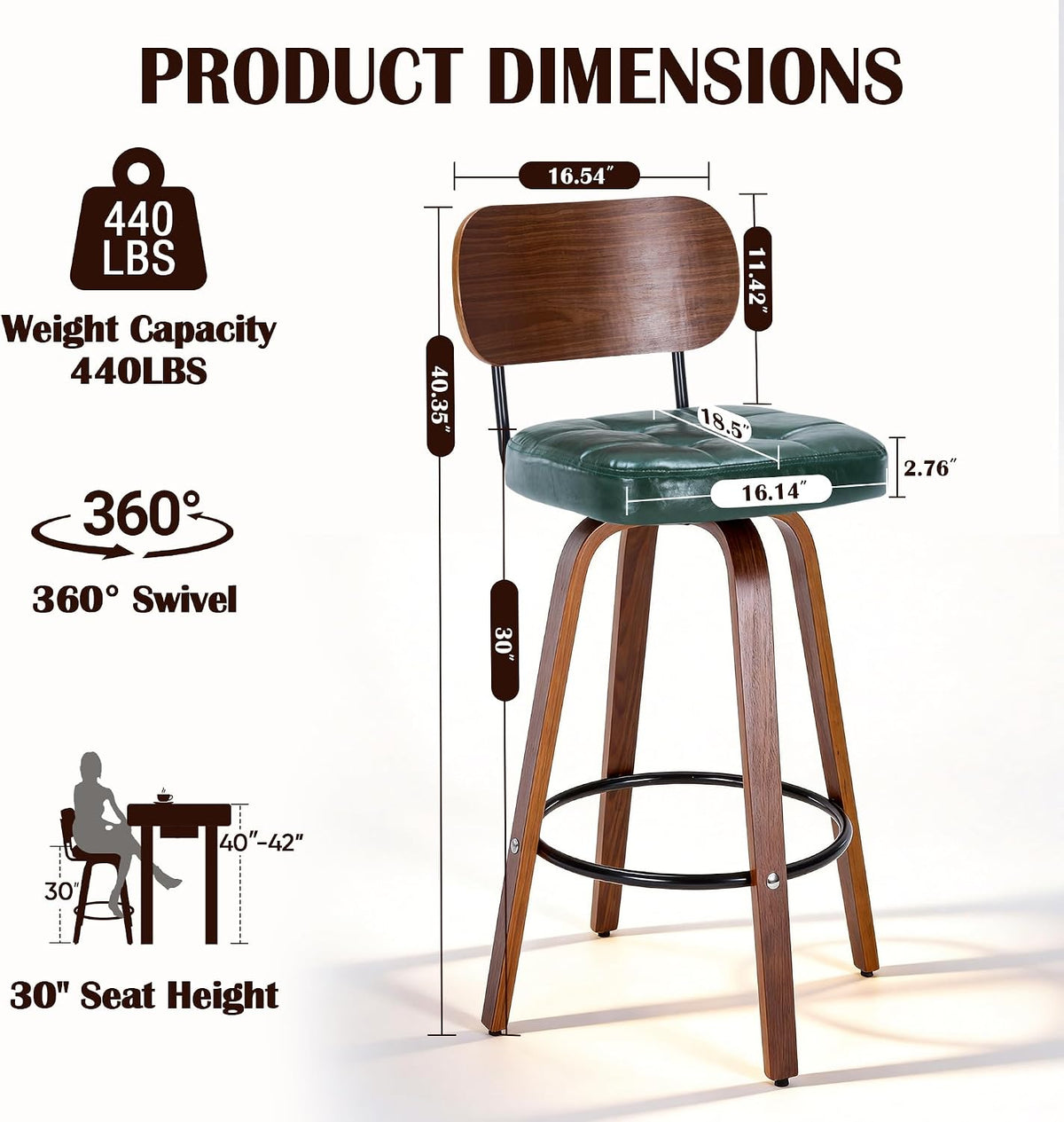 KEEZY Bar Stools Set of 2, 30''Counter Height Barstools with Backrest, Wax Leather Upholstered Bar Chairs, Walnut Bentwood Legs Footrest, Barstools for Home Bar Cafe Pub（Green）