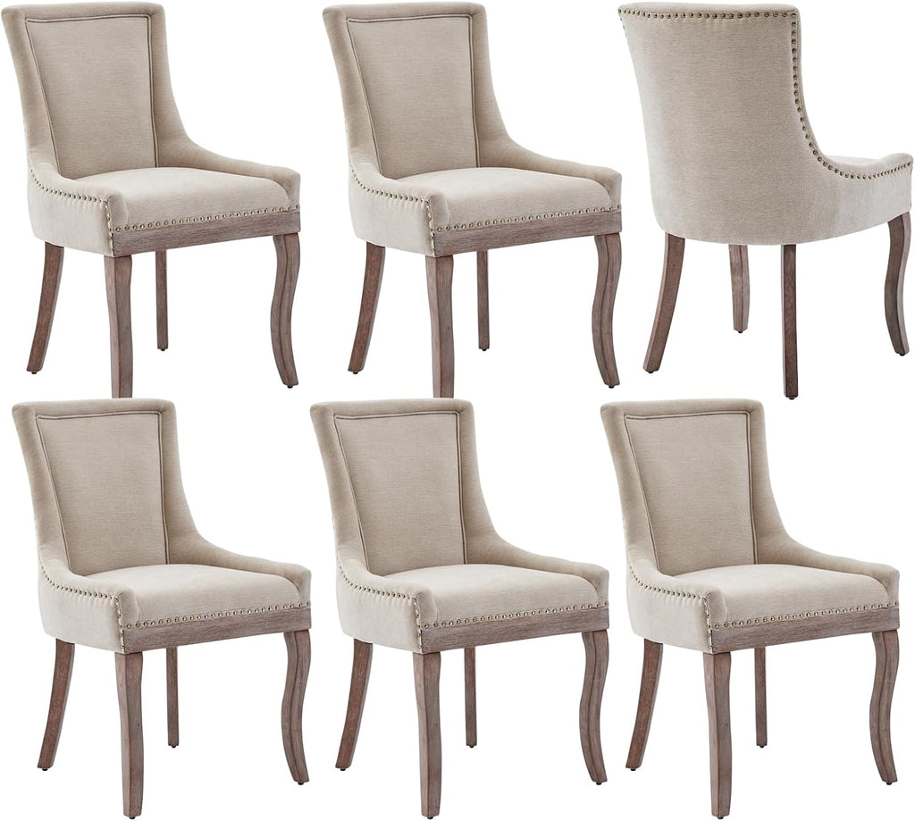 Beige Dining Chairs Set of 6, Fabric Upholstered Kitchen Chairs