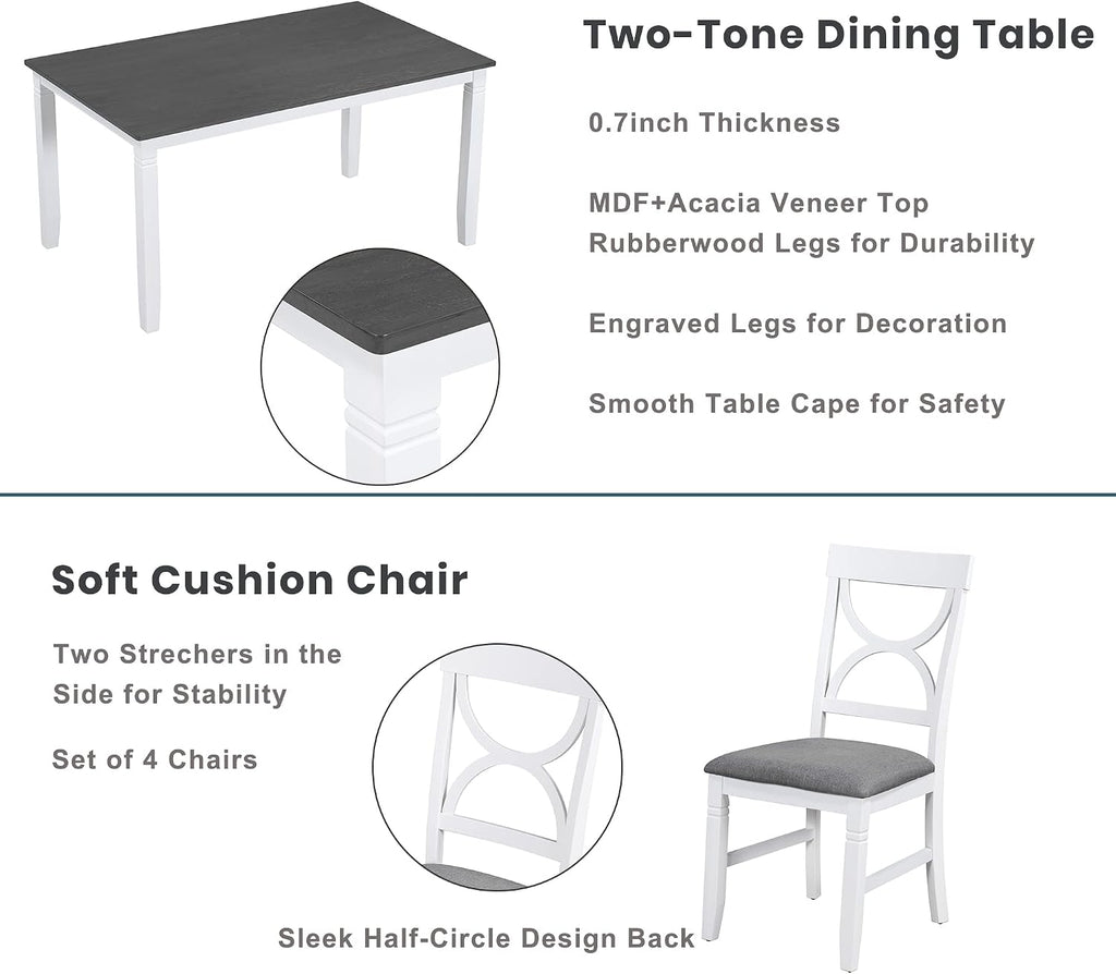 LUMISOL Farmhouse Dining Table Set for 6, Farmhouse Kitchen Table Set with 4 Upholstered Chairs and Long Bench for Kitchen, Dining Room, Grey+White