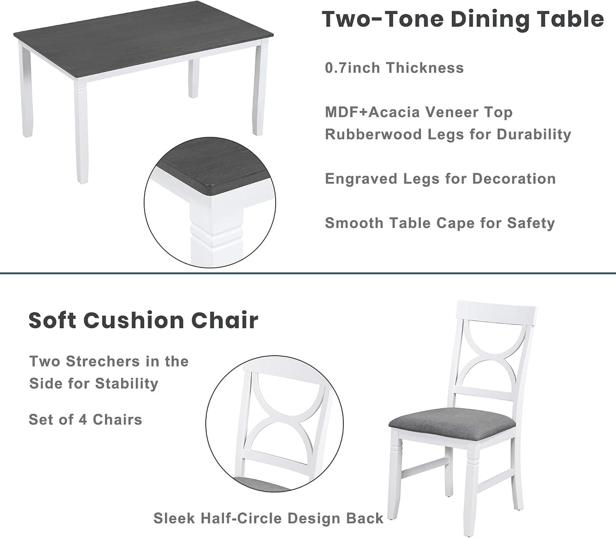 LUMISOL Farmhouse Dining Table Set for 6, Farmhouse Kitchen Table Set with 4 Upholstered Chairs and Long Bench for Kitchen, Dining Room, Grey+White
