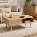 Rattan Coffee Table with Sliding Storage Door, 41.34'' Rectangular Wood Center Table with Solid Wood Legs, Modern Boho Living Room Coffee Table for Apartment, Light Wood