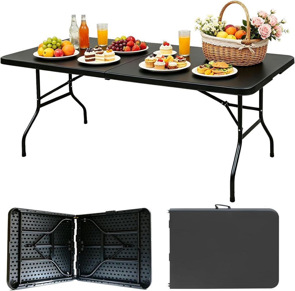 Portable Plastic Folding Table 4ft/6ft/8ft Heavy Duty White-Orange Picnic Dining Table Fold-in-Half for Camp Party Kitchen Indoor Outdoor