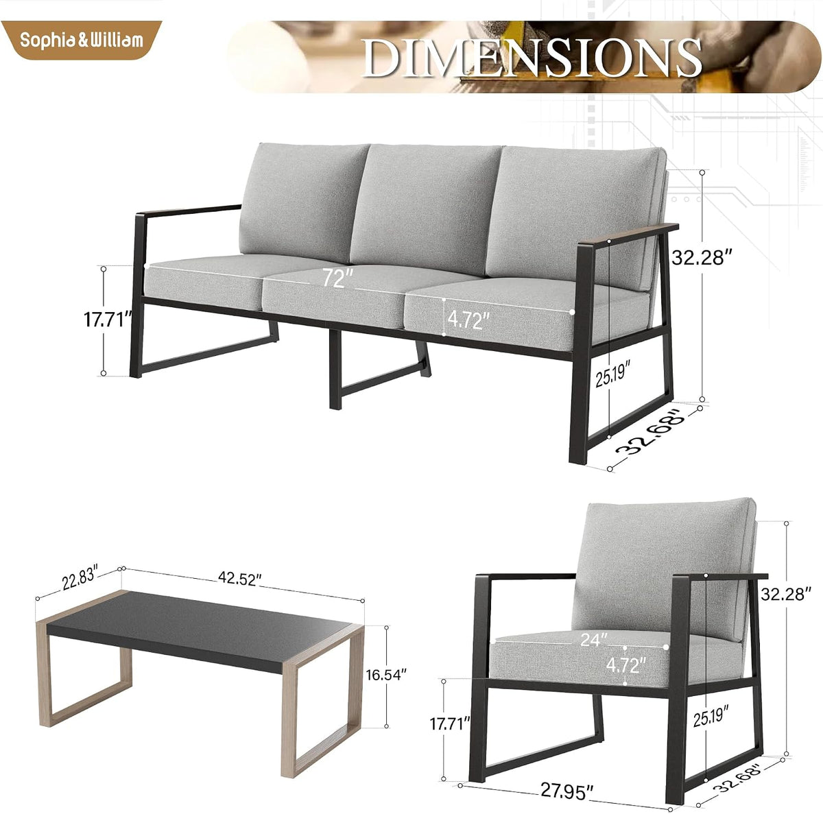 Sophia & William 4-Piece Modern Patio Furniture Set, Grey Cushion