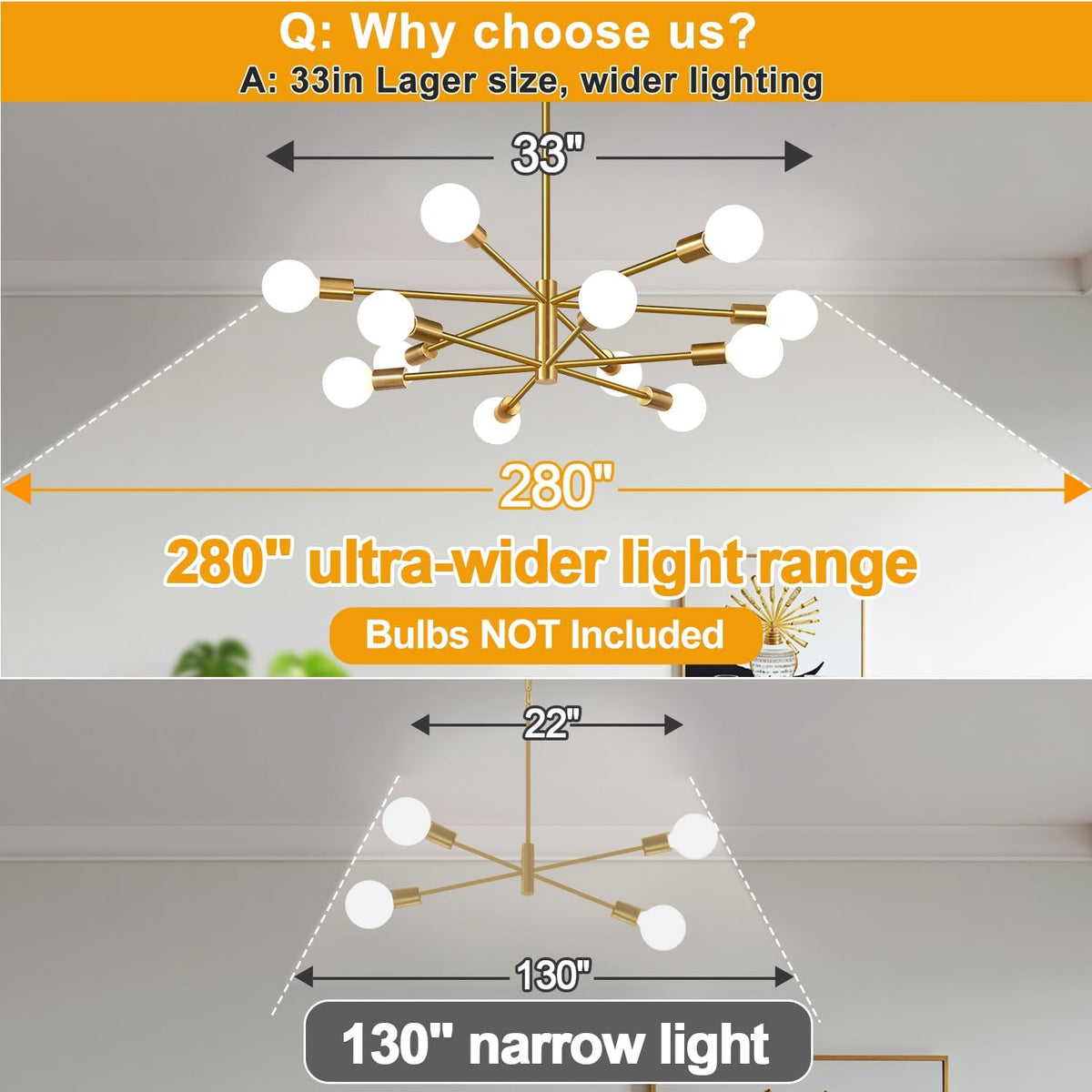 11"-52" Height Adjustable Modern Chandelier Ceiling Light Fixture, 12-Light Sputnik Chandeliers Brushed Gold Mid Century Chandelier Over Table, Chandeliers for Dining Room Living (Bulbs Not Included)