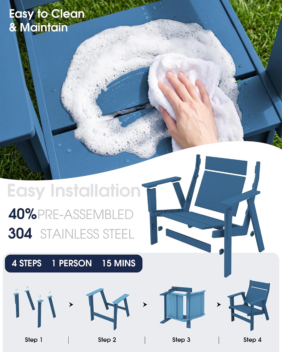 KINGYES Modern Adirondack Chair, Slateless Design, Navy