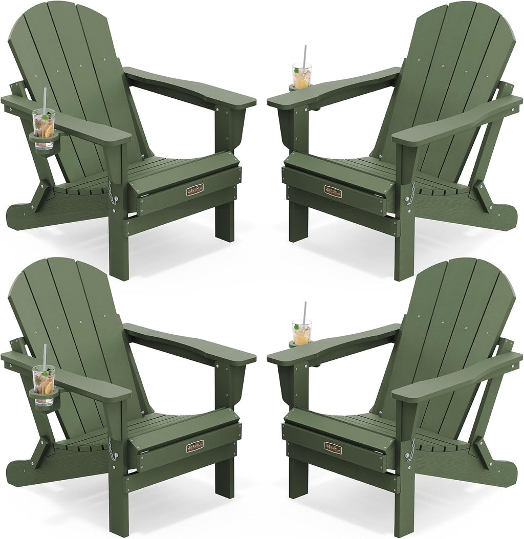 SERWALL Folding Adirondack Chairs Set of 4,Patio Chair with Cup Holder-Army