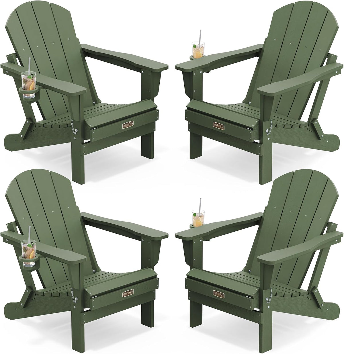 SERWALL Folding Adirondack Chairs Set of 4,Patio Chair with Cup Holder-Army